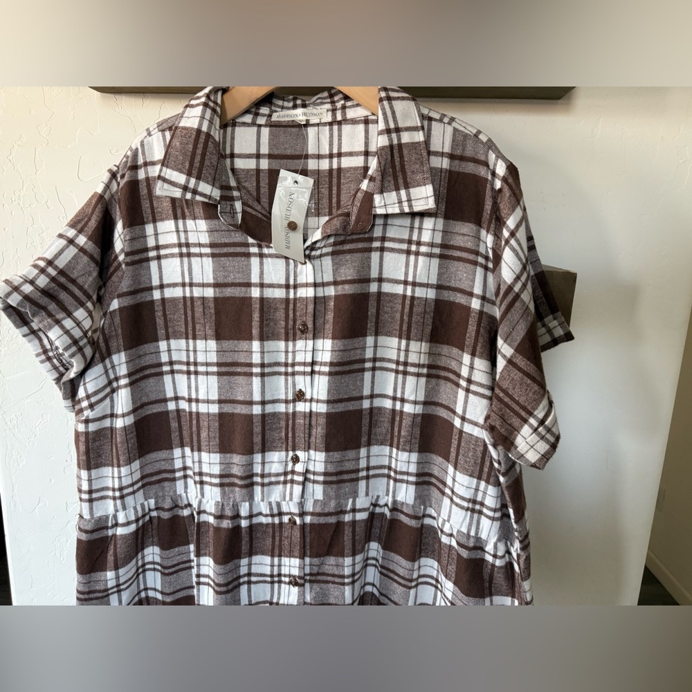 Madison+Husdon|Brown & White Plaid Button-Up Shirt Dress,Casual relaxed fit•NWT - Picture 2 of 11